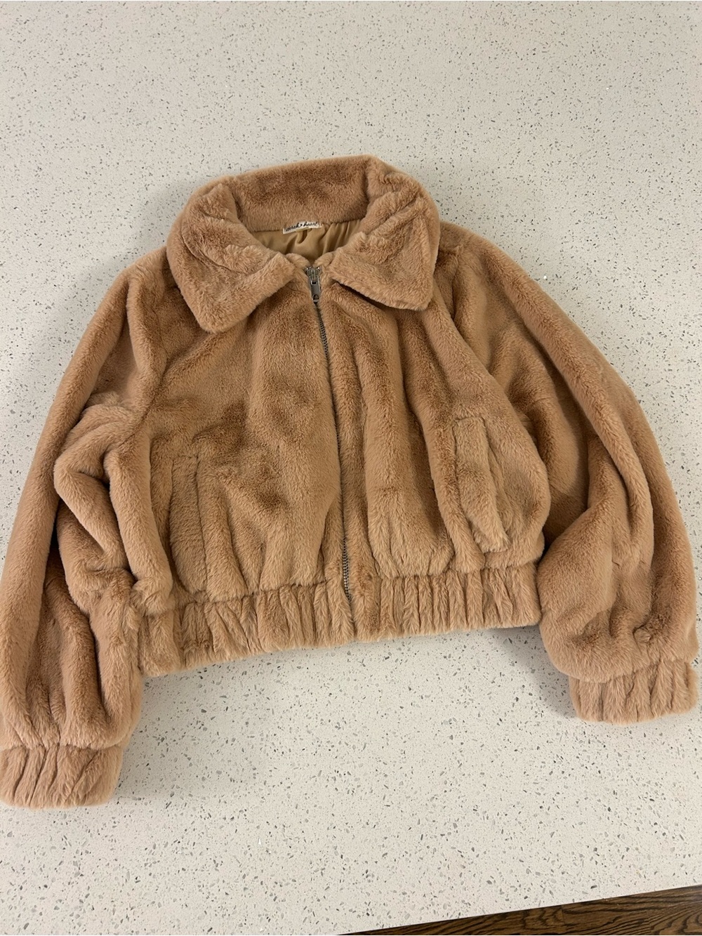 Derek Heart Faux Fur Jacket in Camel Beige
